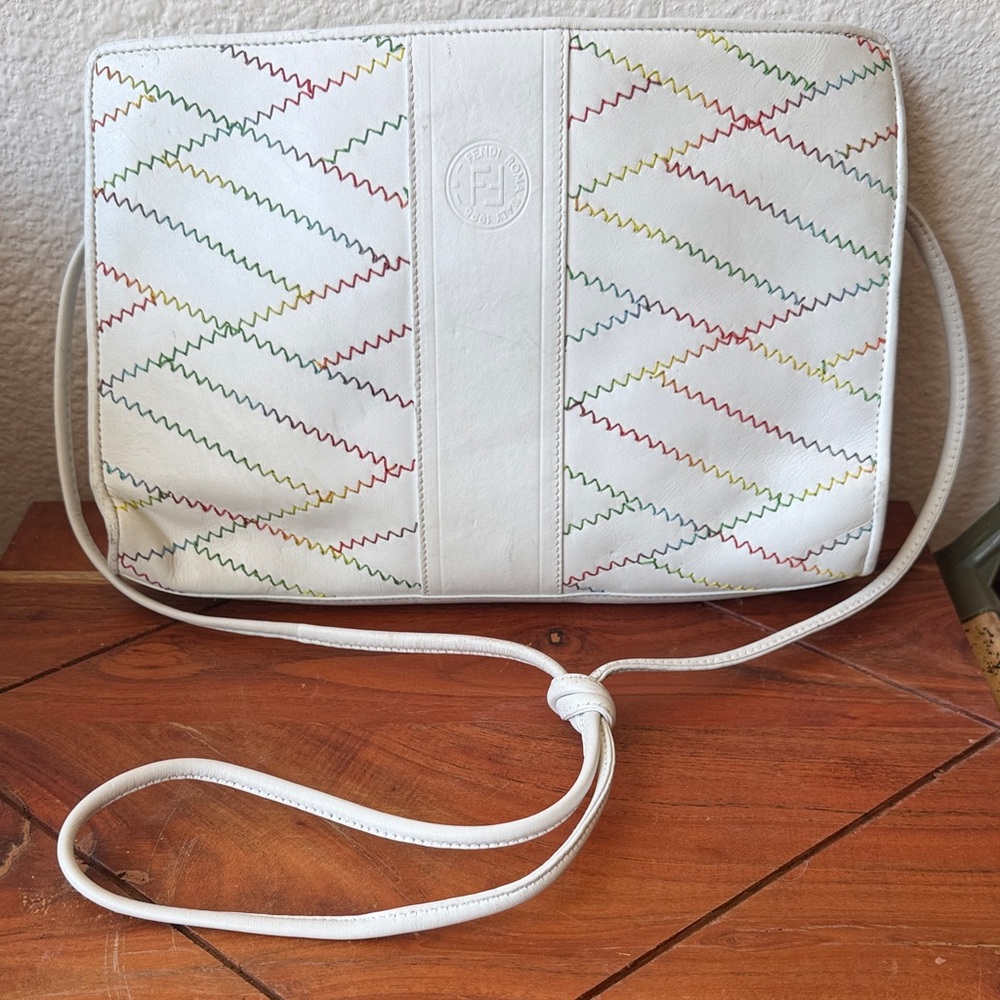 Fendi Roma Vintage White Leather Crossbody with Multicolor Zigzag Stitching